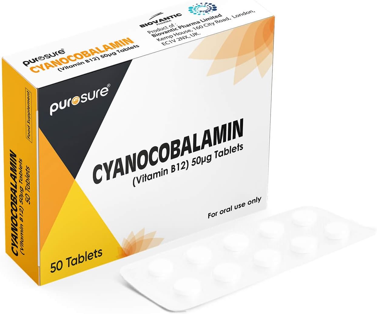 Vitamin B12-50 Tablets (7 Weeks Supply) – Cyanocobalamin B12 50mcg Supplement – Contributes to The Reduction of Tiredness and Fatigue