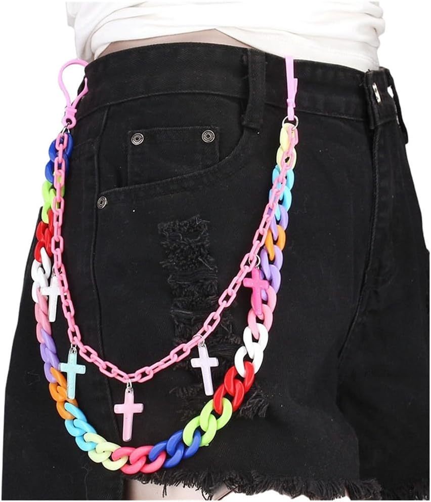 Sup-Coente Women Y2K Colorful Long Pants Pocket Chain - Double Punk Acrylic, Rainbow Pastel Goth for Concert Streetwear