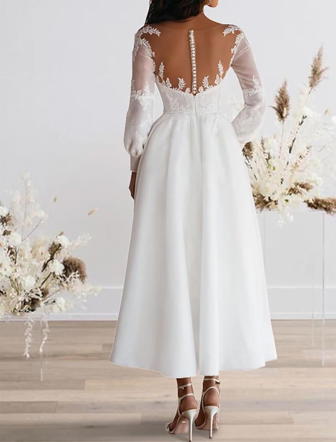 Long Sleeve Wedding Dresses for Bride Tea Length Tulle Lace Satin A Line Bridal Dress for Women
