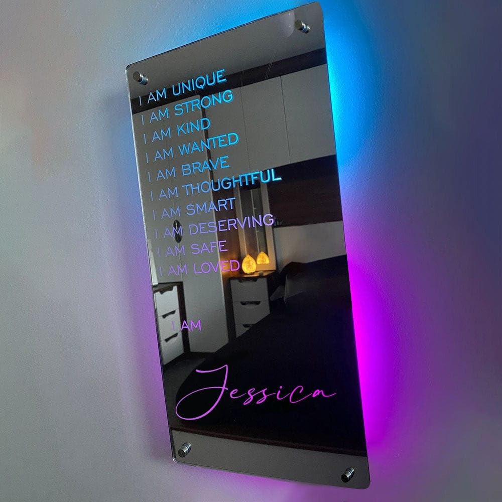 Smile labPersonalised I AM Affirmations Name Mirror, LED Light Up Mirror, Bedroom Wall Decoration