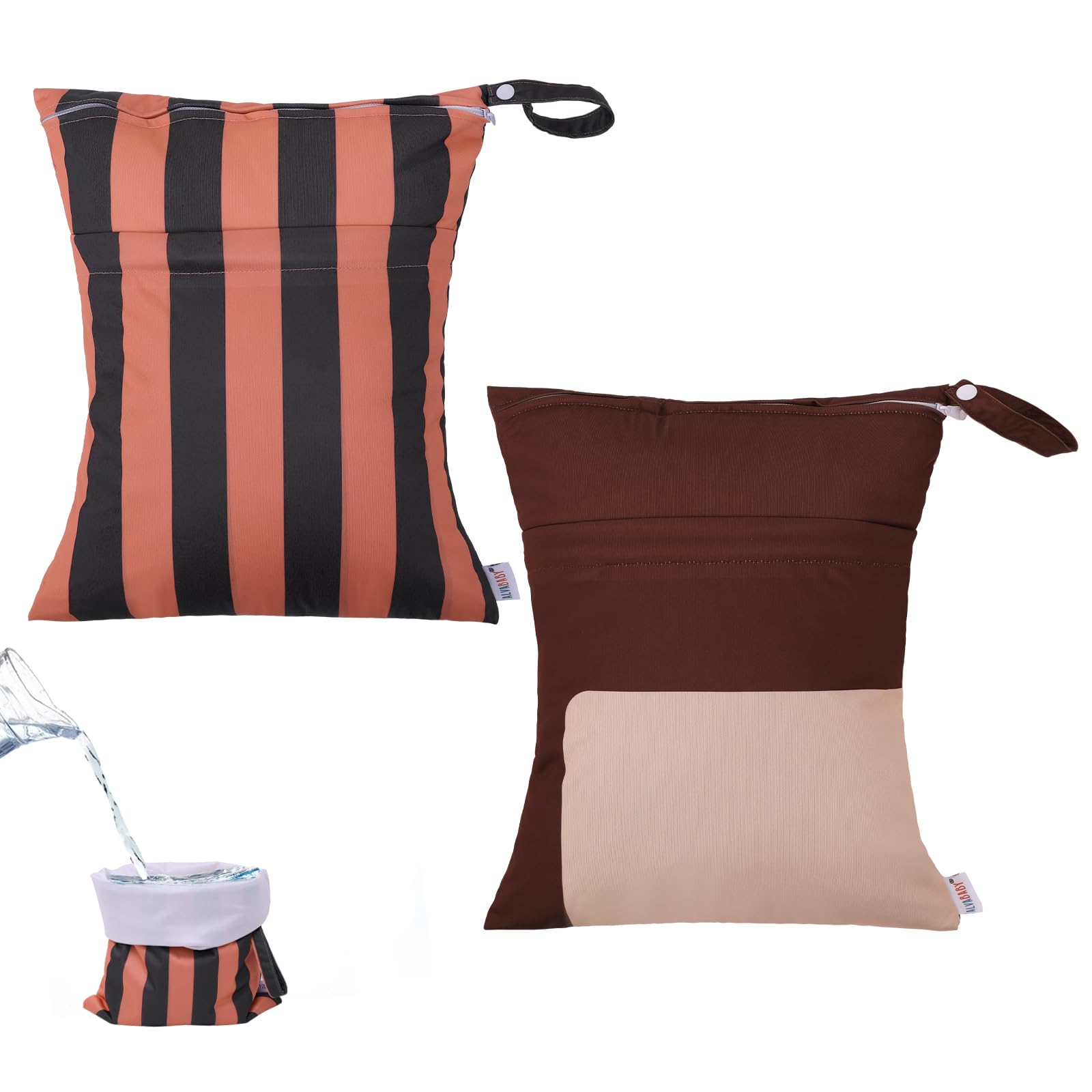 ALVABABY 2pcs Superior Waterproof Wet Dry Bags,Reusable with Two Zippered Pockets, baby cloth diaper wet bags,Travel,Beach,Pool,Daycare,Soiled Baby