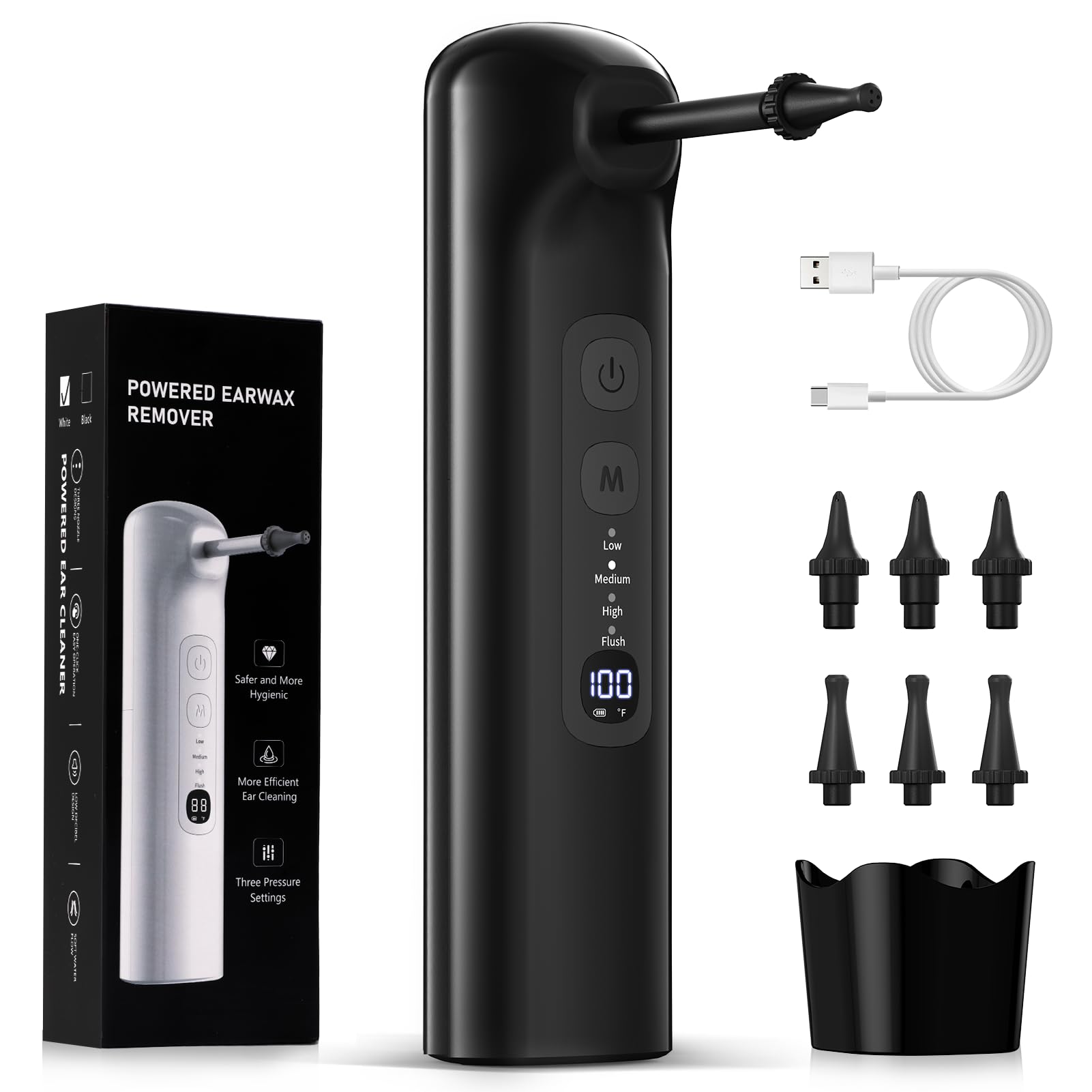 Ohrenschmalz Entferner,Ohrenreiniger für Erwachsene,Elektrischer Ohrreiniger Mensch,Ohrenspülung für den Heimgebrauch,Wiederaufladbar Ohrendusche für Erwachsene Kinder (Schwarz)