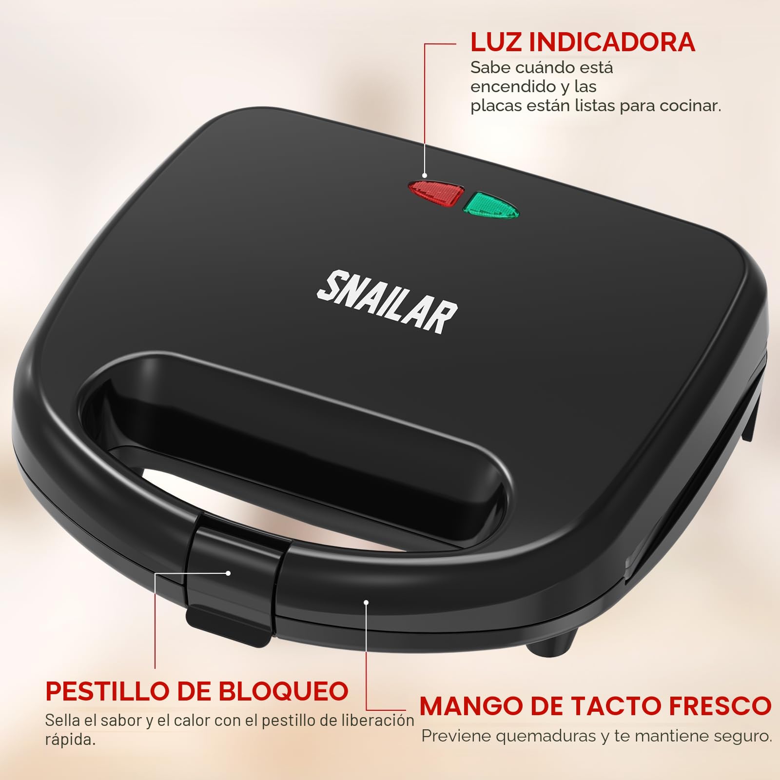 Snailar Gofrera, Maquina de Gofres Elegante & Compacta 750W - 2 Ranuras Cuadradas - Antiadherente, Fácil de Limpiar, ¡Para Gofres Dorados y Crujientes