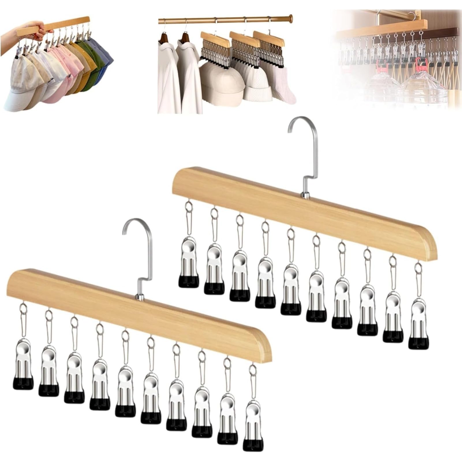 PsaltryCom Wooden Hat Organizer Hanger with 10/12 Clips Space Saving Cap Holder for Baseball Caps Socks Scarves Closet Storage Rack (Wood - 10 clips,2 pieces)