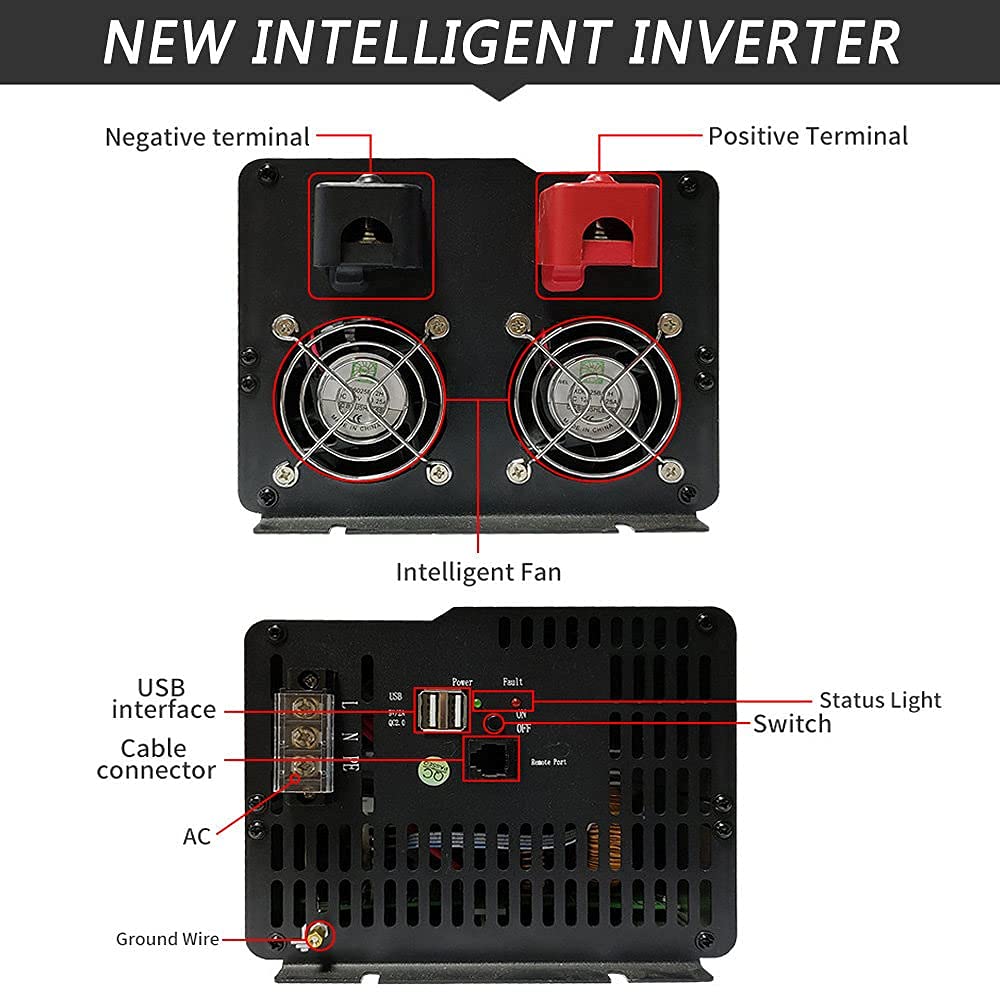 RajoNN Inversores de Corriente 2000W 3000W 4000W 6000W Inversor de Onda sinusoidal Pura Pico 12V 24V CC a 110V 220V AC Inversor de Corriente para automóvil con Control Remoto 2 Salidas de CA 6