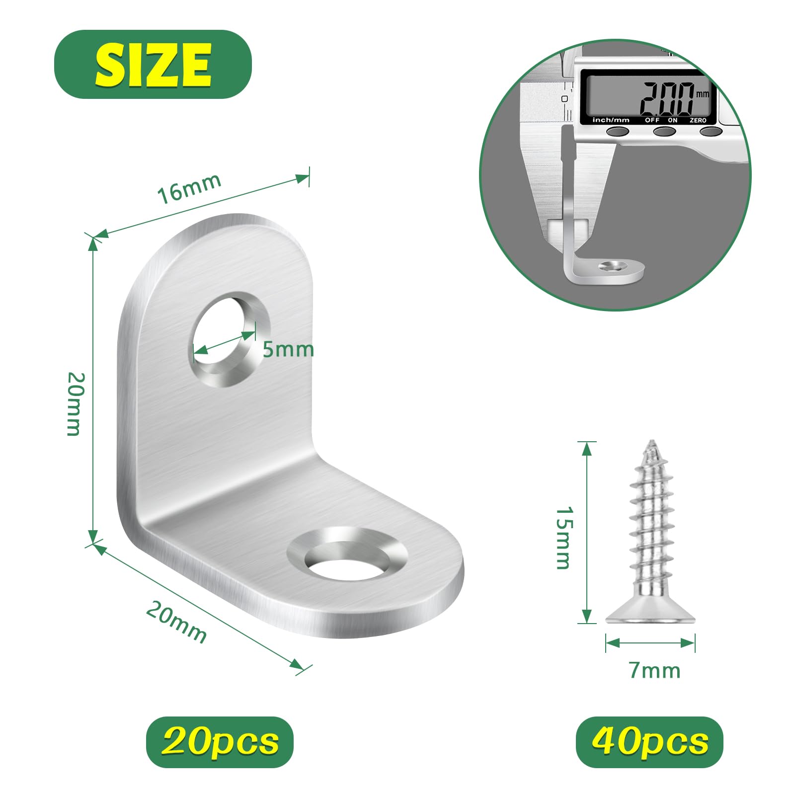 Bolatus 20Pcs Small L Brackets, 20x20x16mm Stainless Steel Angle Brackets with Screws - Image 2