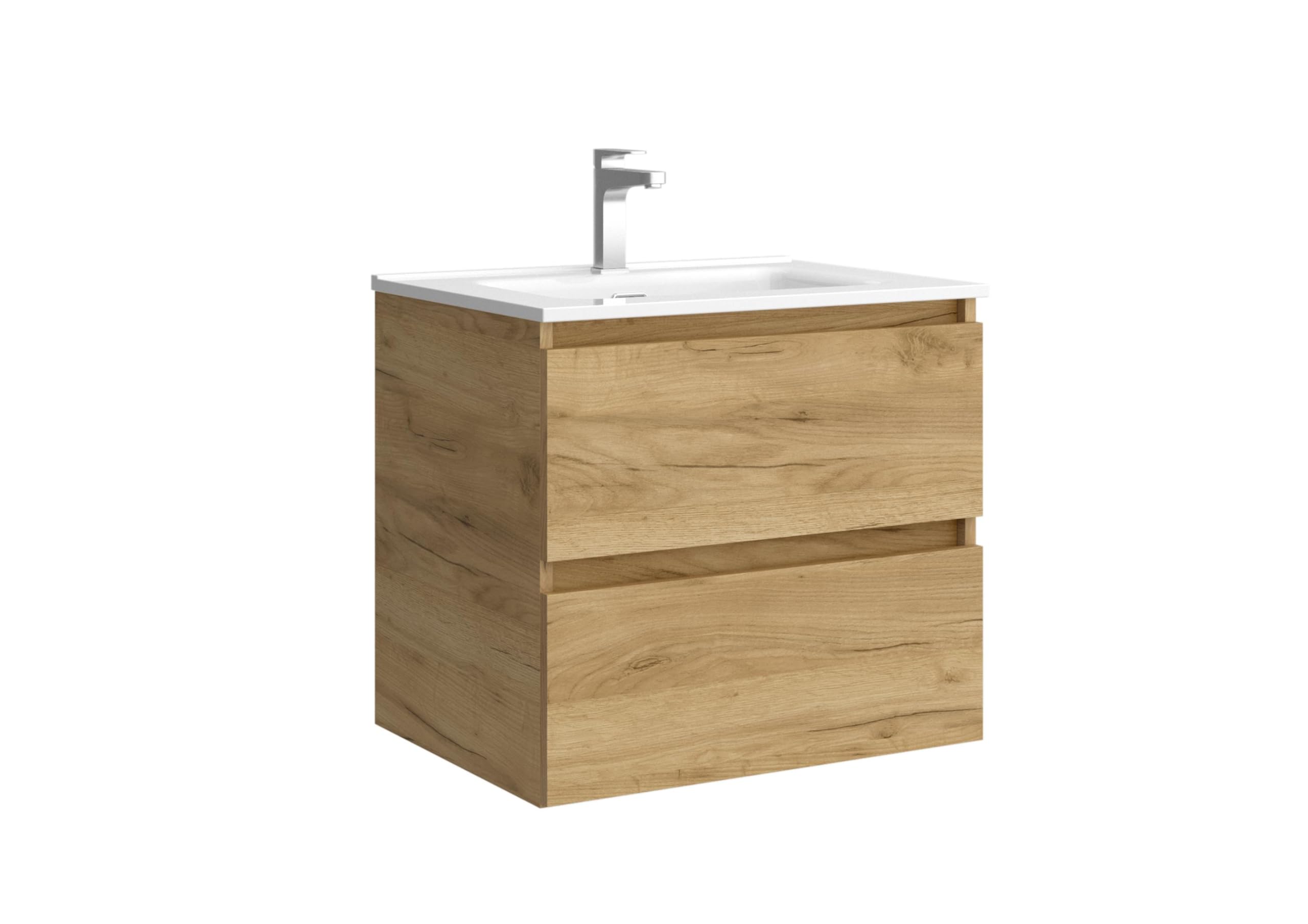 Mueble de baño Bequia 70 cm con Lavabo 100% montado de fábrica | Acabado Roble suspendido 2 cajones Cierre amortiguado Apertura con uñero | Lavabo Porcelana Blanca | Salgar