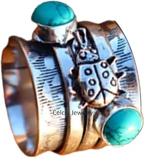 New Design Turquoise Gemstone Lady Bird Silver Spinner Ring, Unique Handmade Spinning Meditation Ring, Metaphysical December Birthstone Giftable Ring