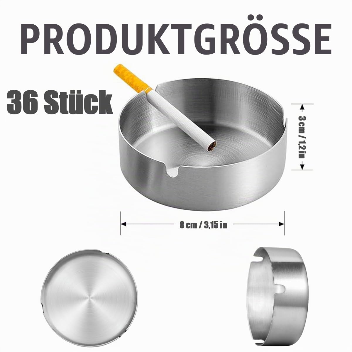 36 Stück Edelstahl Aschenbecher - 8 cm Runden Aschenbechern Moderne Tischplatte - Abascher Tragbar Metall Set für Haushalt und Gastronomie Innenraum und Draußen
