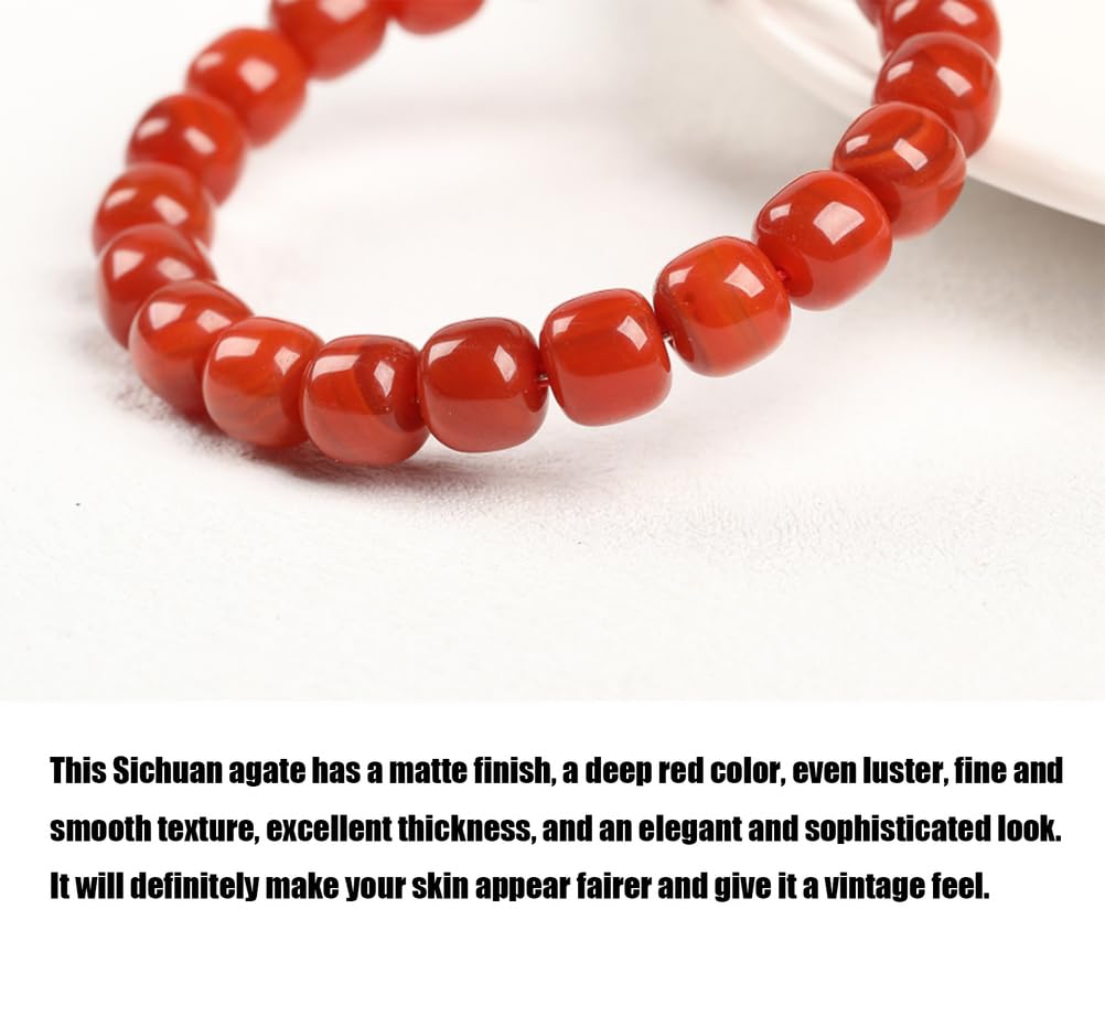 Bracciale Elasticizzato LaoXingZhu in Agata Nanhong - Perline di Agata Rossa Cachi 8x9 mm (Circa 21 Perline) - Bracciale Rigido Cinese in Agata Rossa Fatto a Mano
