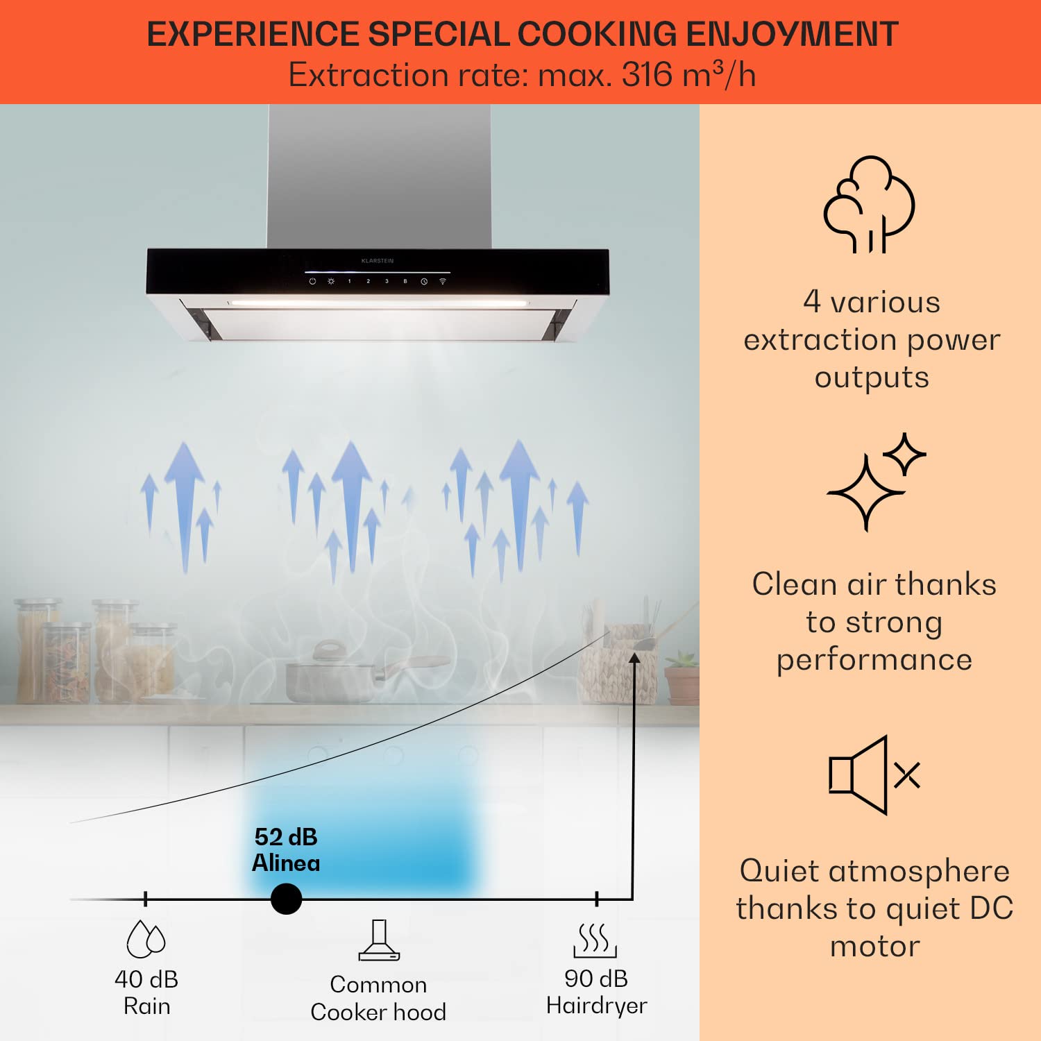 Klarstein Okap kuchenny 60 cm, obieg / wywiew, okap kuchenny z filtrem, strumień powietrza 577,8 m³/h, okap ścienny ze sterowaniem Wi-Fi i diodami LED, okap kuchenny 60 cm