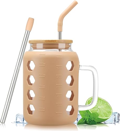 MUKOKO Vaso de vidrio con tapa de bambú y pajita, botellas de agua de vidrio de 50 onzas con marcador de tiempo, taza de café helado con asa, taza disponible en Yaxa Peru