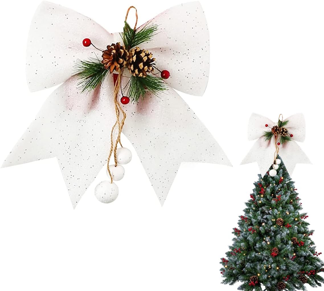 1P White Topper Bows for Christmas Tree,9.8x11.8in Glitter Wreaths Bows