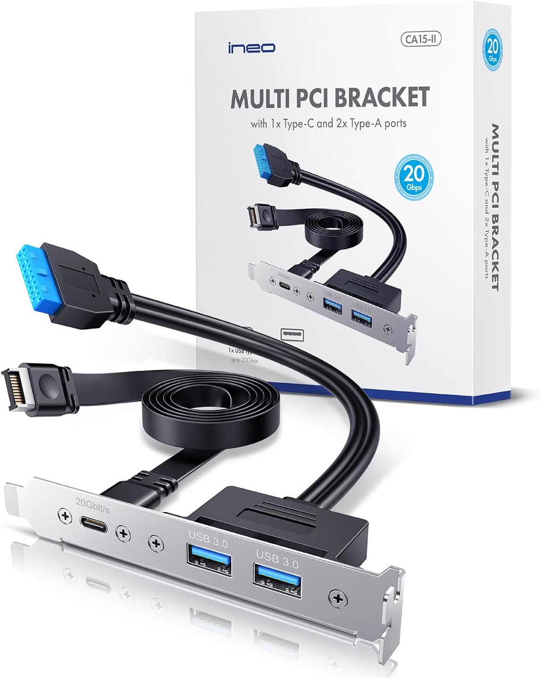 ineo USB 3.2 Gen 2x2 Type-C Back Panel Adapter with PCIe Bracket, 20Gbps USB-C and Dual USB A 3.0 Ports, Motherboard Header Extension Cable with Type-E Key-A 20-Pin and 19-Pin Connectors