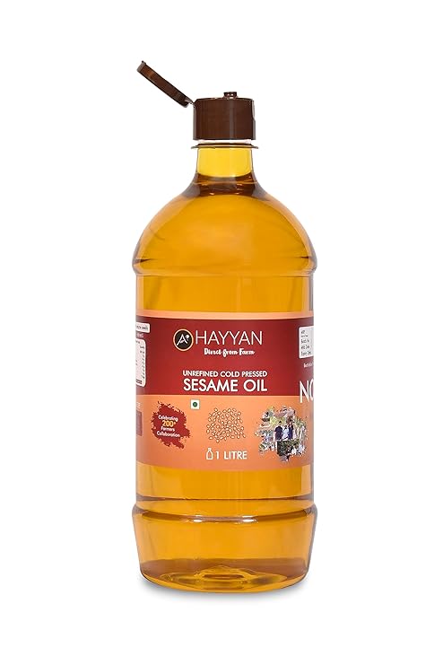 HAYYAN Cold Pressed Virgin Sesame/Gingelly Oil - 100% Pure Edible Til ka Tel for Cooking, Diet, Hair & Body Massage - 1 Litre