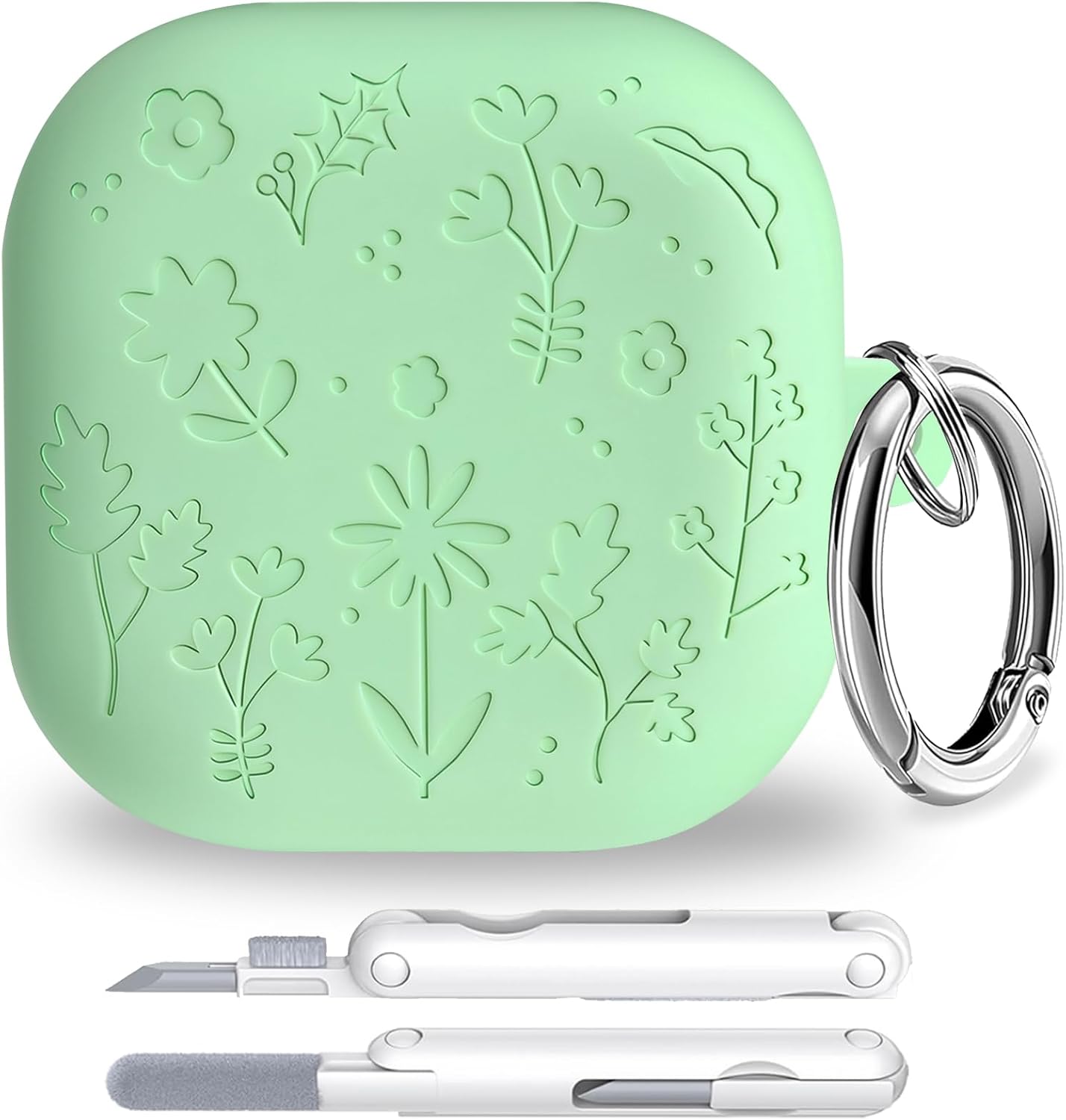 for Samsung Galaxy Buds 4 Pro Case/Galaxy Buds 4 Case with Keychain & Cleaner Kit, Soft Silicone Shockproof Cute Flower Engraved Case Cover for Women Girly (Matcha Green)