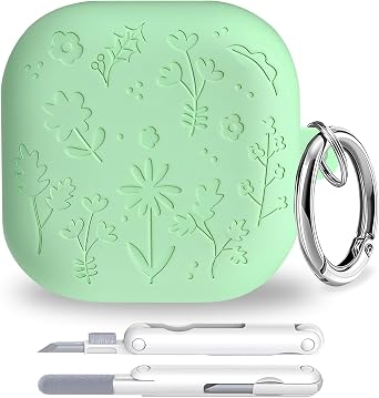 for Samsung Galaxy Buds 4 Pro Case/Galaxy Buds 4 Case with Keychain & Cleaner Kit, Soft Silicone Shockproof Cute Flower Engraved Case Cover for Women Girly Matcha Green