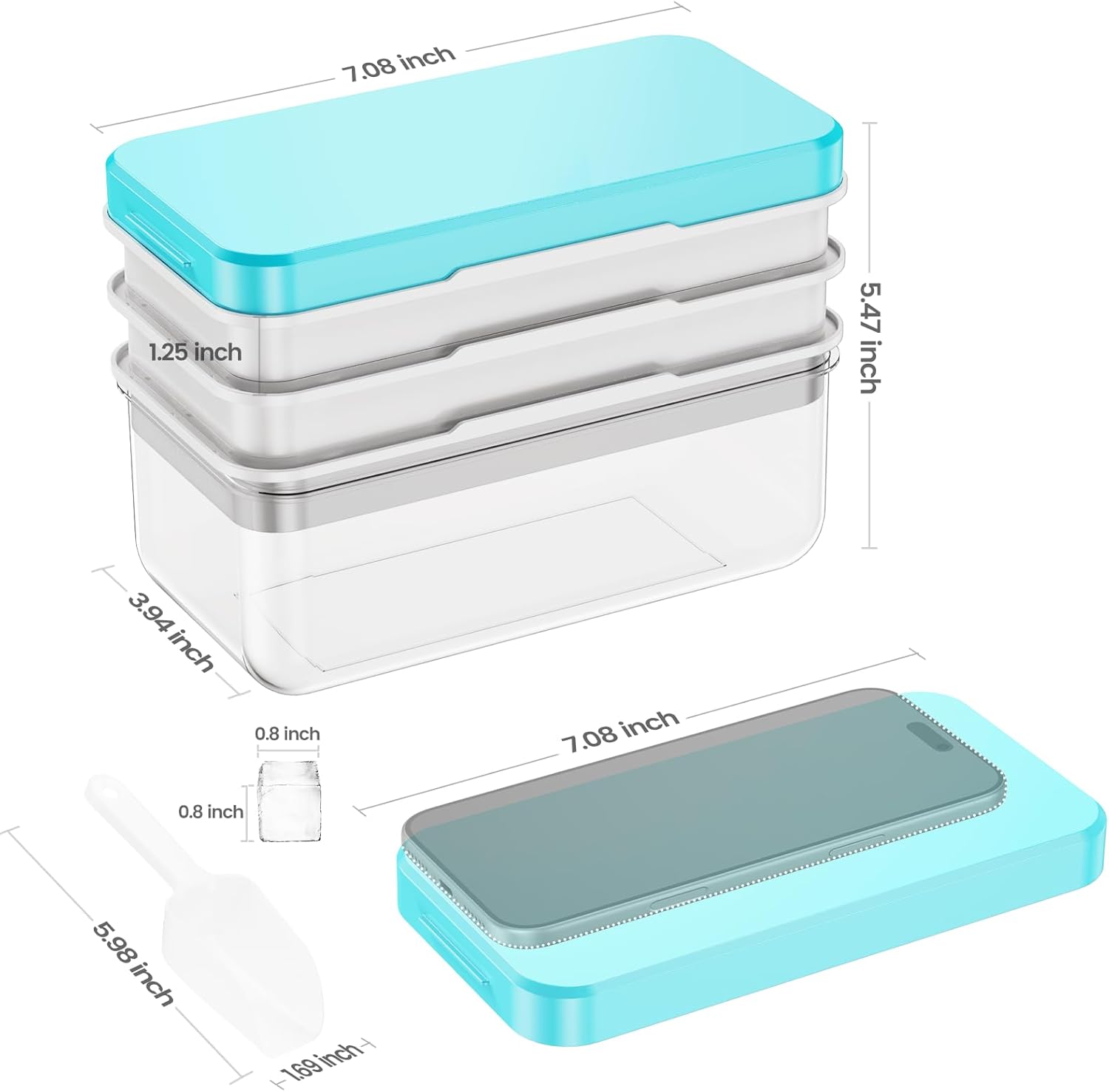 Ice Cube Tray with Lid and Bin, PHINOX 84 pcs Ice Trays for Freezer, Ice Cube Trays for Freezer with 3 trays, Container, Lid & Ice Scoop, BPA Free
