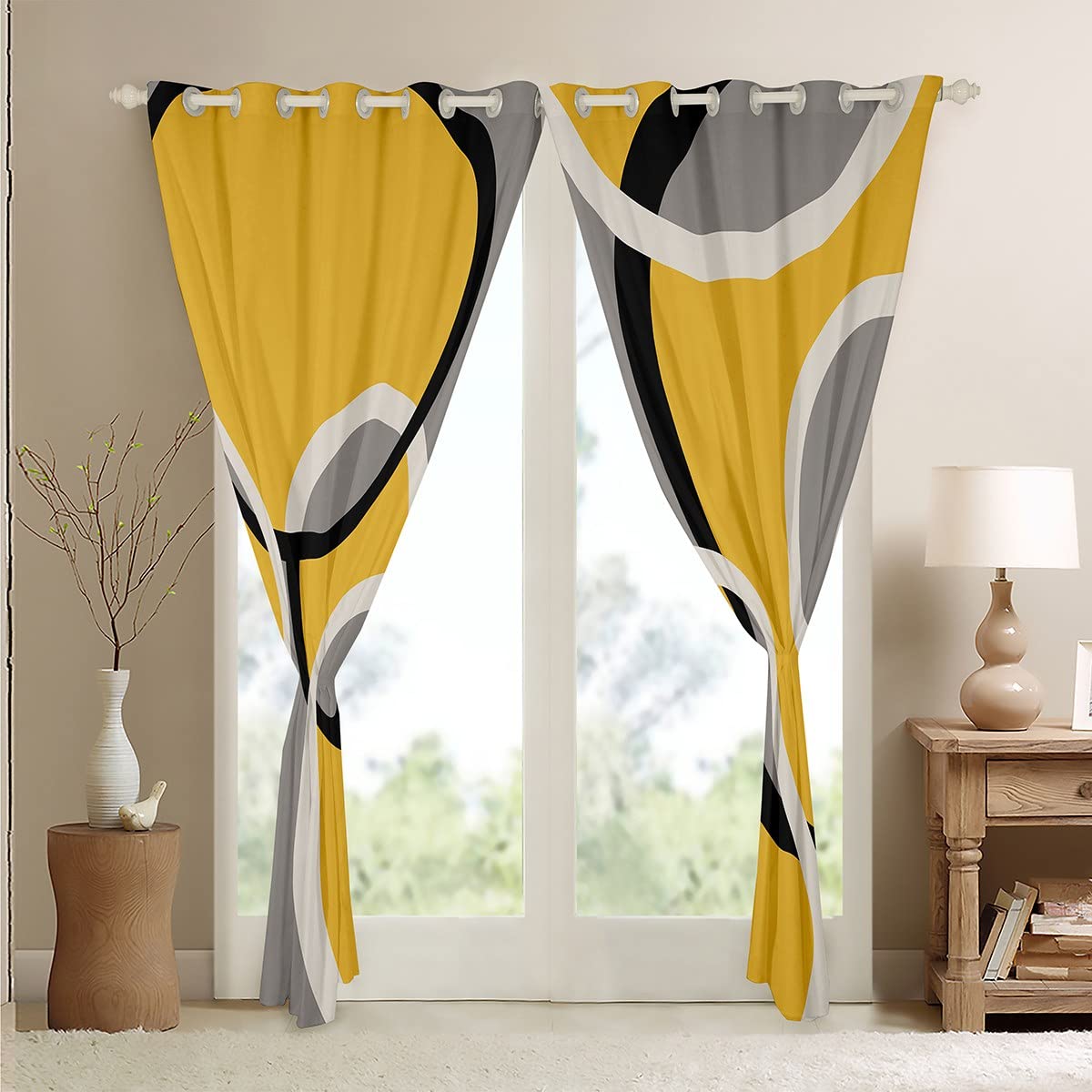 Tende geometriche a cerchio per camera da letto soggiorno giallo grigio bianco geometria tende oscuranti (30%-50%) linea a righe Dreapes arte moderna trattamenti per finestre