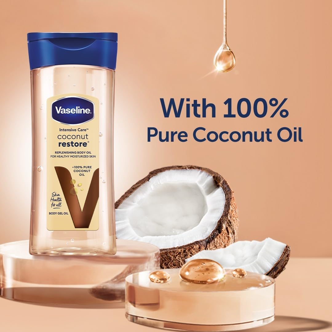 Olio corpo Vaseline Intensive Care Coconut Restore per una pelle sana e idratata. Gel corpo rigenerante a base di olio di cocco puro al 100%, (1 x 200ml)