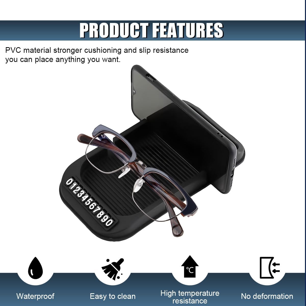 Car Dashboard Anti-Slip Mat Cell Phone Holder, Double-Groove Sticky Dashboard Gripping Gel Pad with Number Plate, Multifunction Car Anti-Slip Mat for Navigation Cell Phone Sunglass Keys (Pure Black)