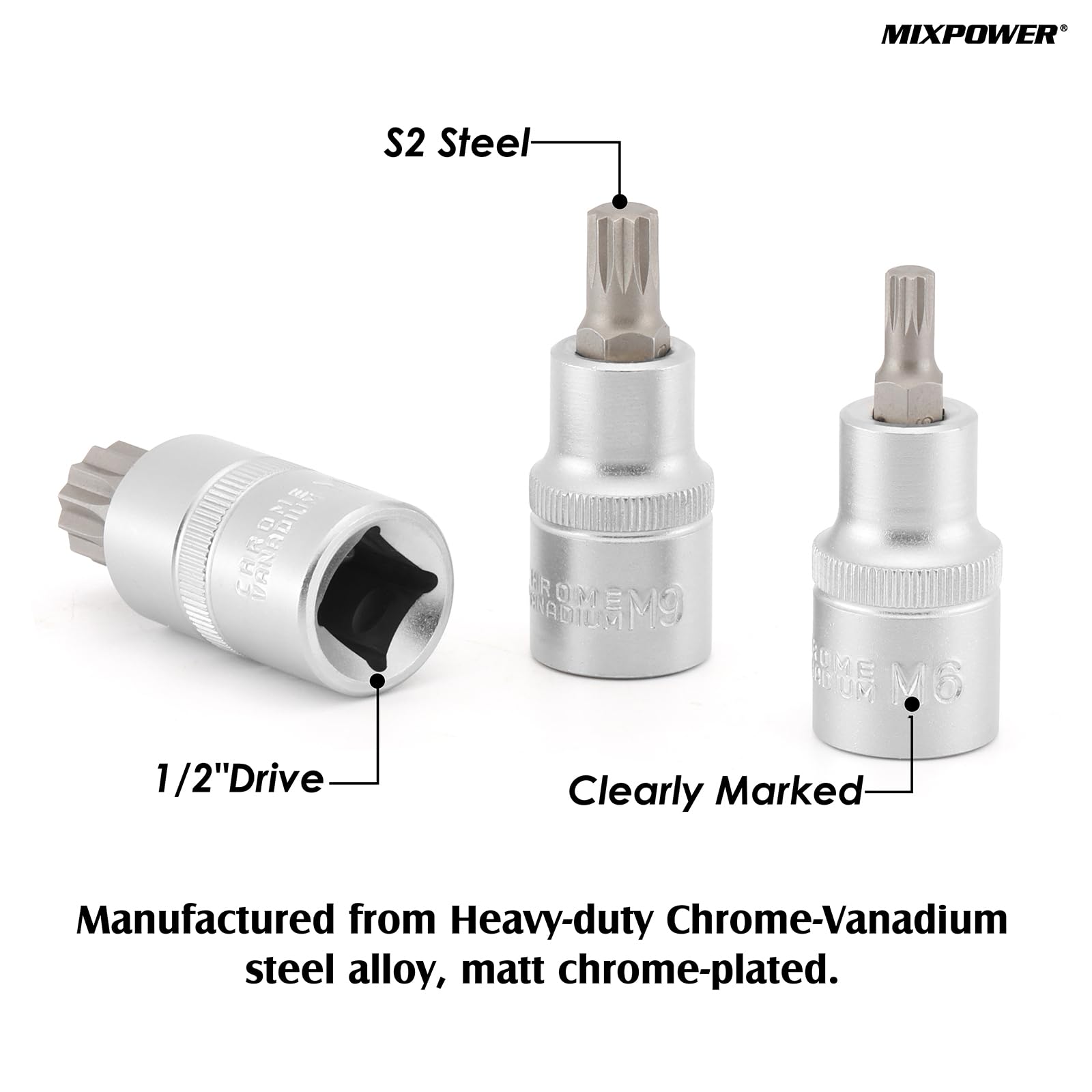 MIXPOWER 10-teiliges XZN Mehrzahn-Steckschlüssel Set 1/2" – Metrisch M4 Bis M18, CR-V & S2 Stahl