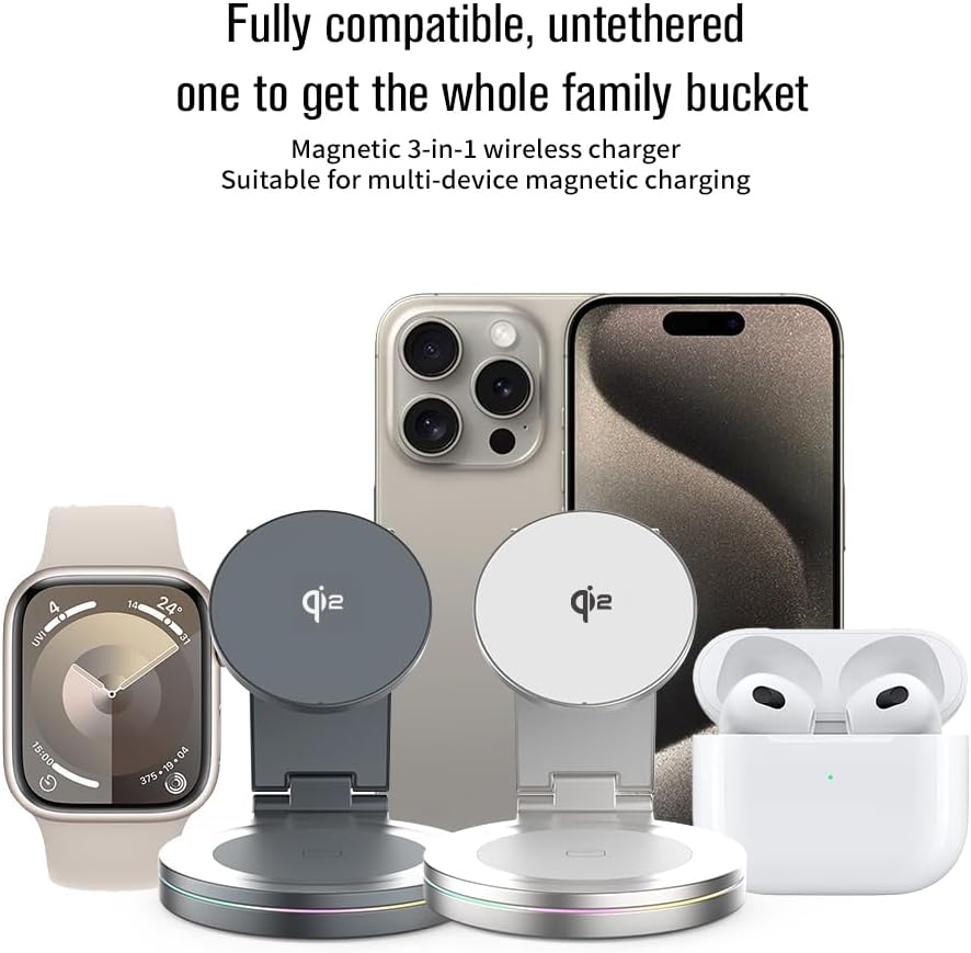 Metal 3 in 1 for Apple Magsafe Magnetic Wireless Charger Folding Stand for iPhone16 iPhone15 pro max Ultra S8 AirPods Pro (Grey)