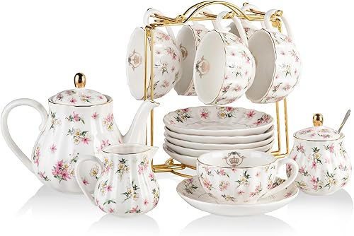 Miniatura 8 de Juegos de té de porcelana de la serie British Royal, tazas y platillo de 8 onzas para 6, con tetera, azucarero, jarra de crema, cucharaditas y