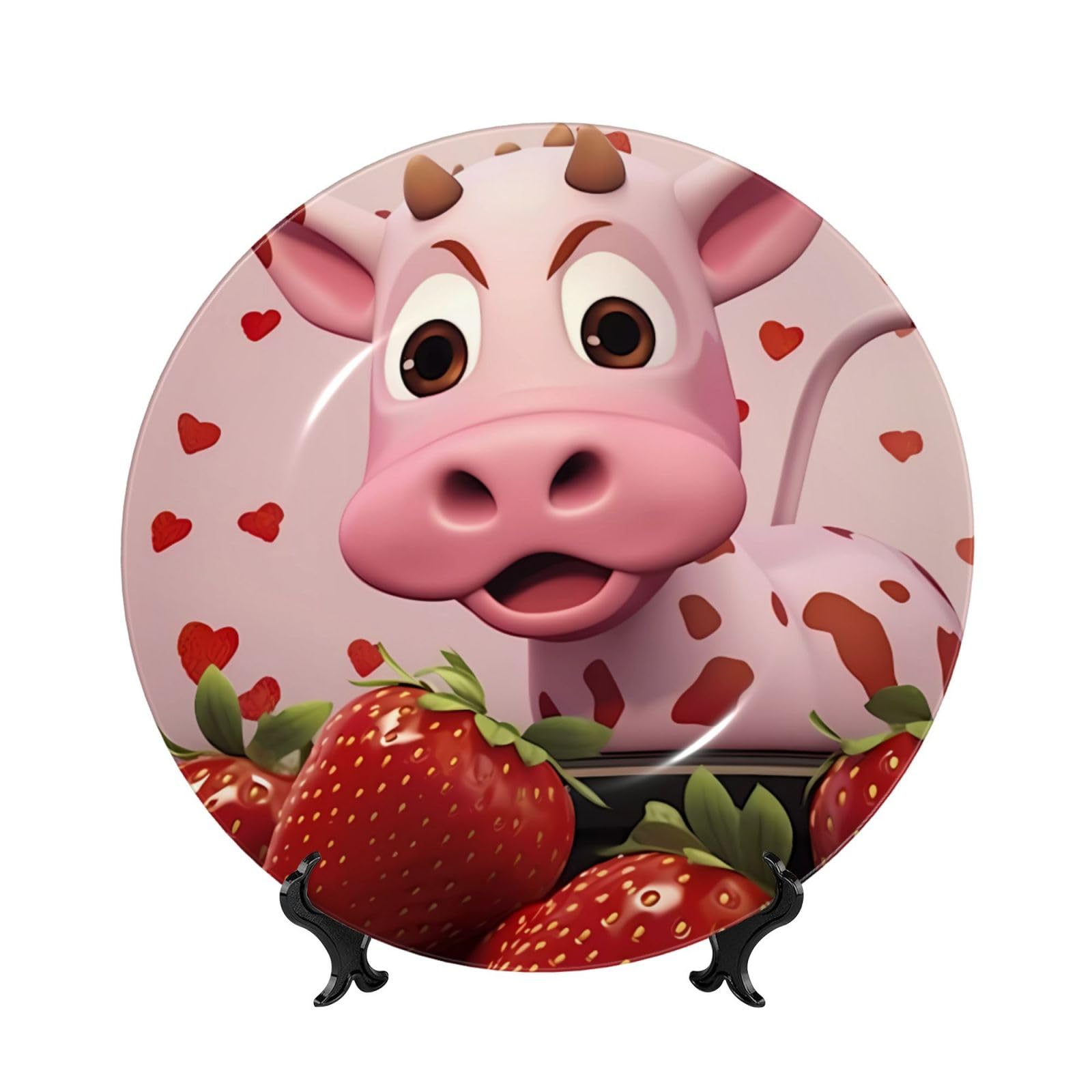 SXZVVBN Pink Cow with Strawberries Bone China Decorative Plate Art with Stand Removable Adhesive Hanging for Home Office 7in