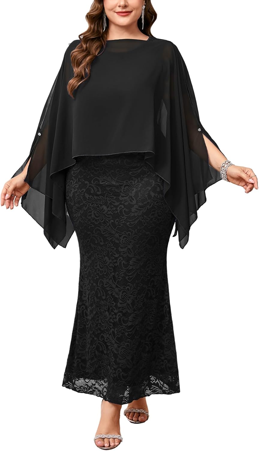 ZOMVA Plus Size 0X-4X Mother of The Bride Groom Lace Dress with Chiffon Cape Overlay Long Mermaid Dress Formal Wedding Guest