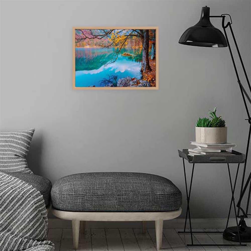 VERRE ART Wooden Floater Framed Canvas - Wall Decor for Living Room, Bedroom, Office, Hotels, Drawing Room (14in X 10in) - Autumn Scenery At Lake Fusine