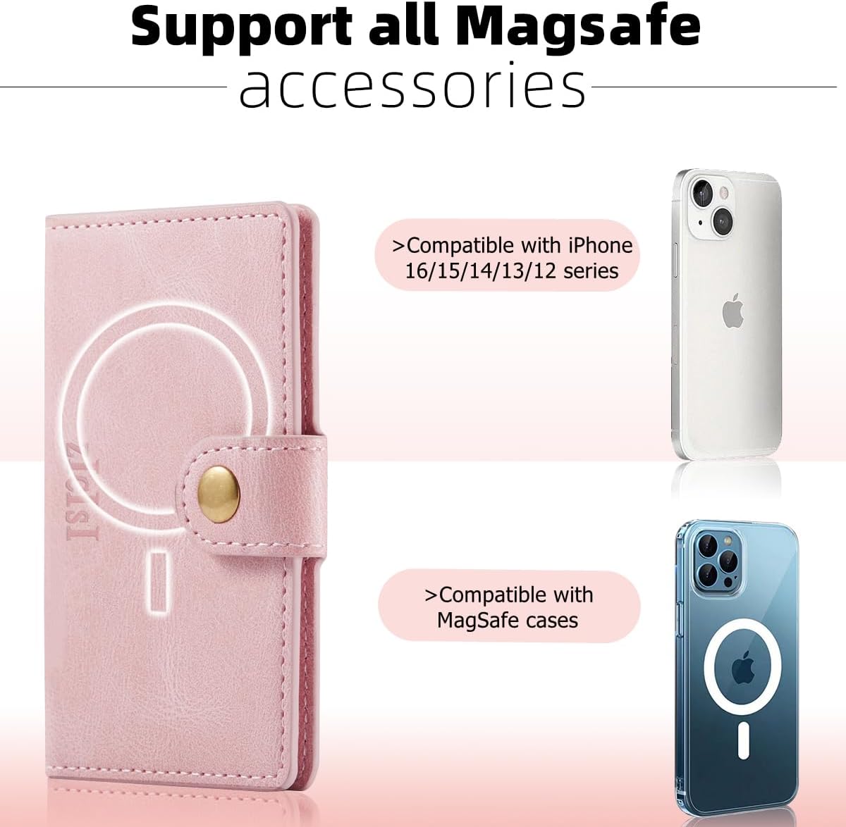Magnetic Wallet with 5 Card Holders Compatible with MagSafe for iPhone 17/16/15/14 Pro Max/14 Pro/14 Plus/13/12 Series with RFID Protected,Vegan Leather,Pink - Image 2