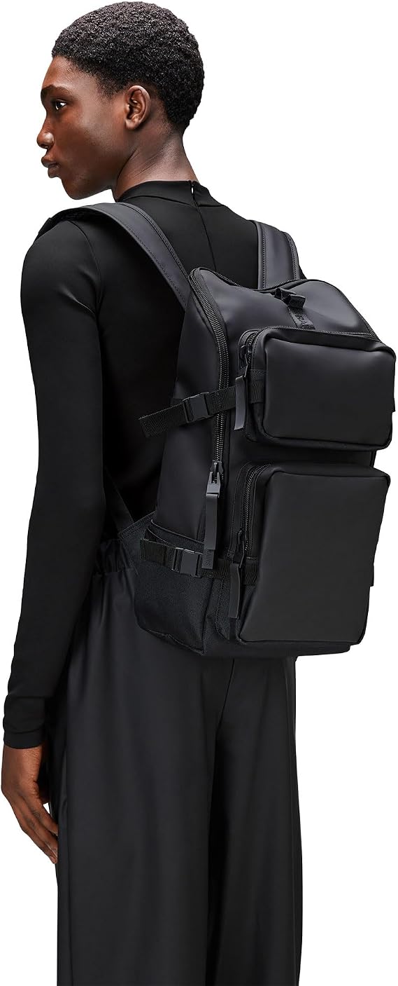 RAINS Trail Cargo Backpack Black Unisex Cargo Backpack Water Resistant Water Repellent PU Fabric Smooth Feel Outdoor Urban Design 14L Capacity