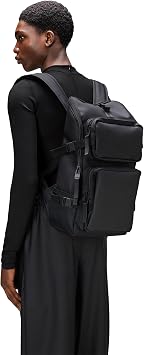 RAINS Trail Cargo Backpack Black Unisex Cargo Backpack Water Resistant Water Repellent PU Fabric Smooth Feel Outdoor Urban Design 14L Capacity