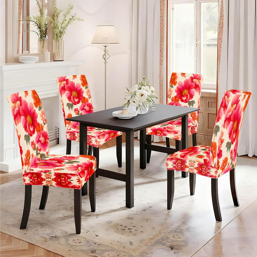 Image of Pink Peony Dining Chair Covers Set of 4, Floral Slipcovers