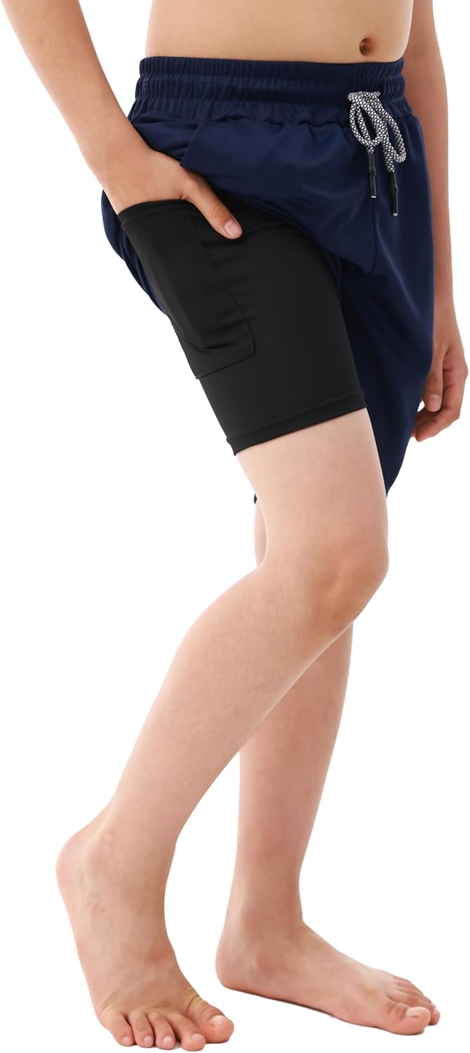 IRELIA 2 Pack Boys 2 in 1 Running Shorts Kids Box Brief Liner Compression Active Sports Shorts - Image 2