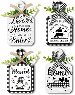 PH PandaHall 4pcs Plaid Wall Decor Wood Sign, Gnome Home Decor Signs Wooden Sign Farmhouse Tiered Tray with Hemp Rope Wall Art Rustic Hanging Wall Decor for Home Kitchen Dining Living Room Bar Cafe
