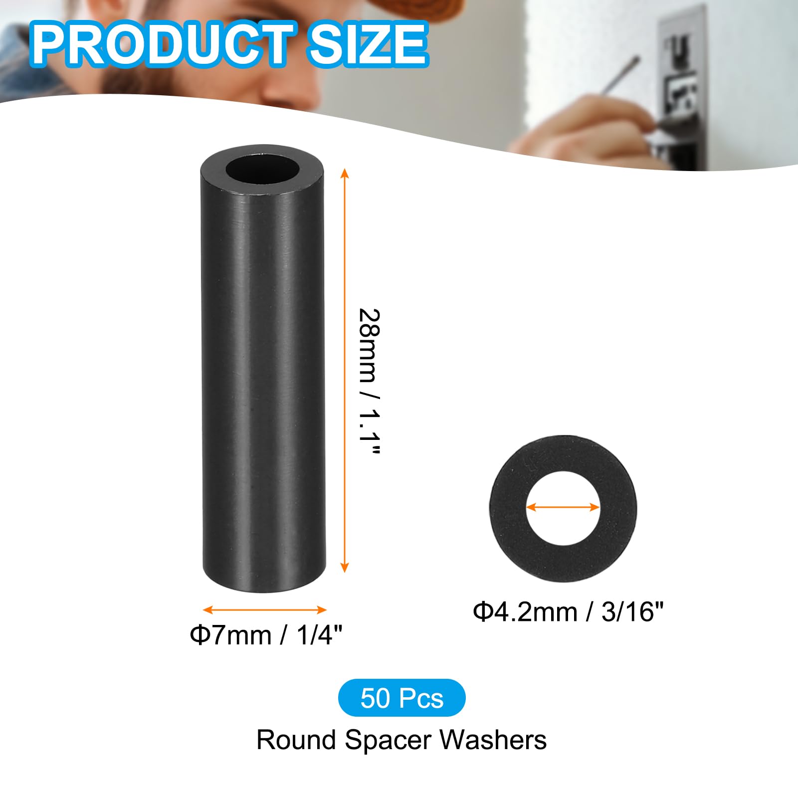 PATIKIL 50Pcs M4 ABS Spacers M4 x 7mm OD x 28mm L Plastic Round Spacer Washers Black Standoff Nut Unthreaded for Screws Bolts Electrical Outlet - Image 2