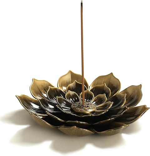 GARMOLY Soporte de incienso grande para varillas antiderrames de cenizas, soporte de palo de incienso de loto de latón y recogedor de cenizas