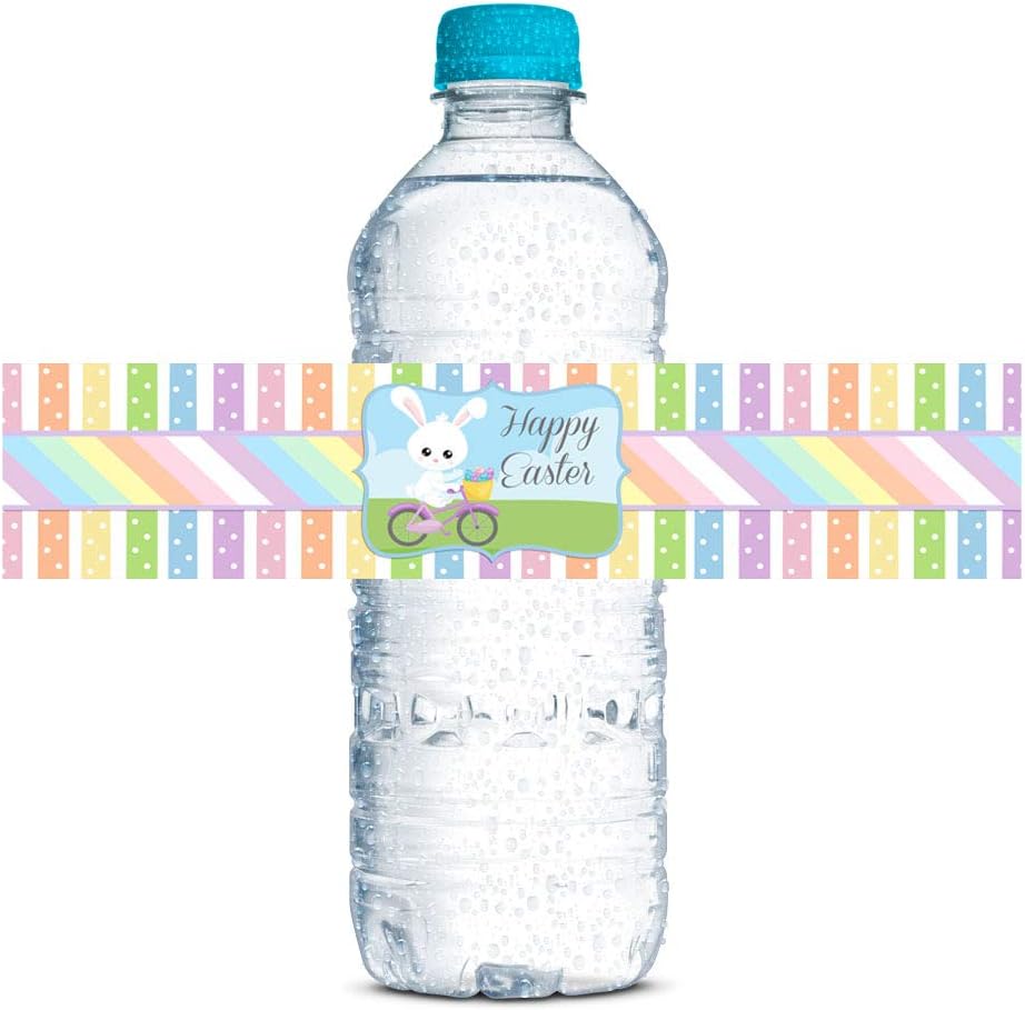 Egg‑celent Easter Water Bottle Wrappers 20 Pack 1.75"x8.5" Waterproof Wrap‑Around Labels, Cute Spring Bunny and Egg Design Drink Bottle Stickers for Easter Party Decorations by Amanda Creation