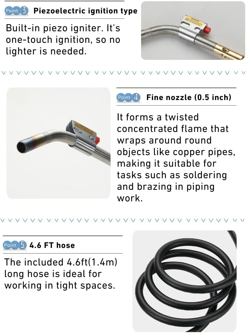 CAMPINGMOON MAPP Propane Torch Head CGA600 Interface MAP Gas Welding Torch Hose Flame Adajustable Self Ignition (4.6Ft Hose & Knob Propane MT-5110)