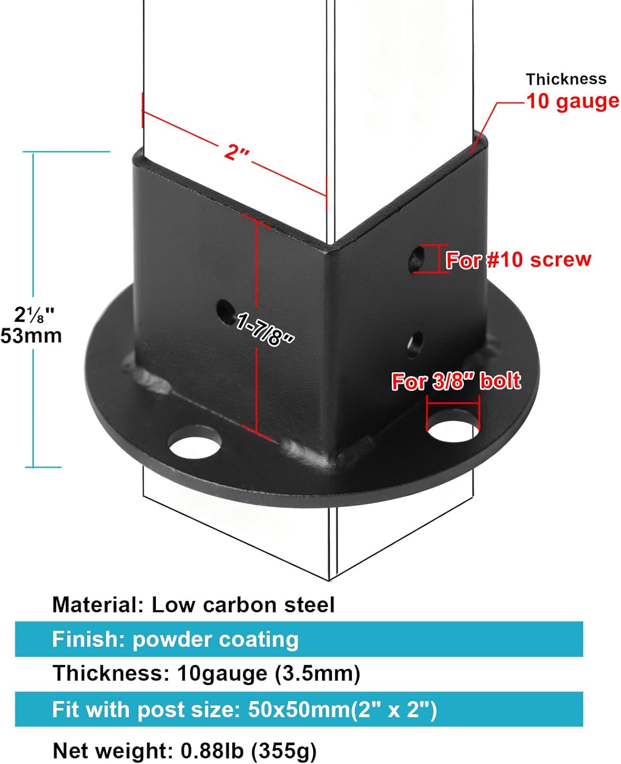 4 Pack Black Square Post Flange Base Anchor Fits 2" x 2" Square Tube, Deck Fence Rail Floor Mount Bracket,10 Gauge