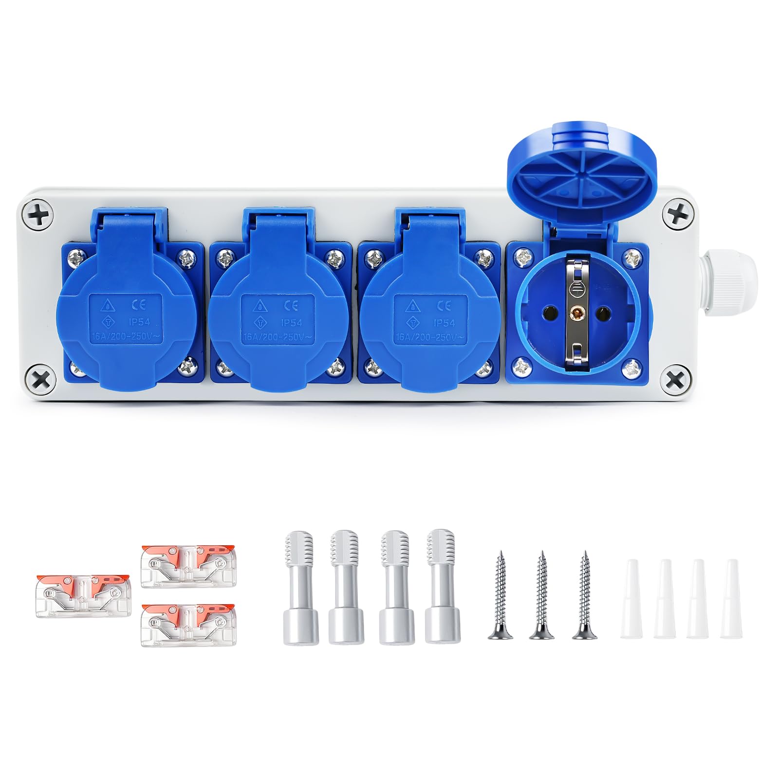 Distribuidor de Enchufes de Pared Caja de Distribución Tomas Schuko 4 x 220 V IP54 Distribuidor de Pared 16A con Cubierta Protectora Individual para Talleres, Interiores y Exteriores