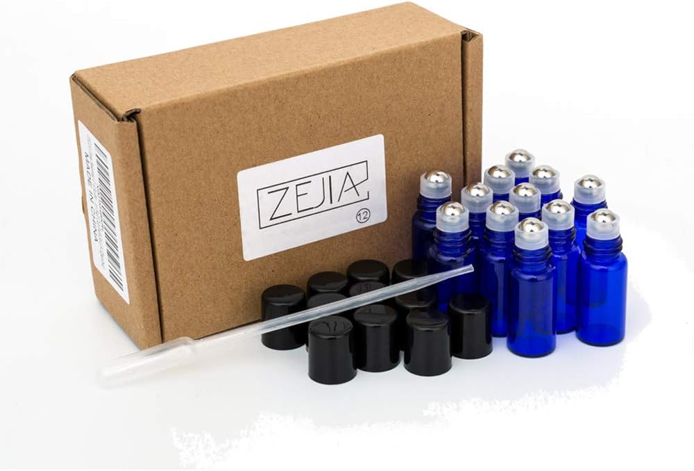 ZEJIA 3ml Roller Bottles 12Pack Cobalt Blue Thick Glass Essential Oil Roller Bottles Stainless Steel Roller Ball with 2 Droppers