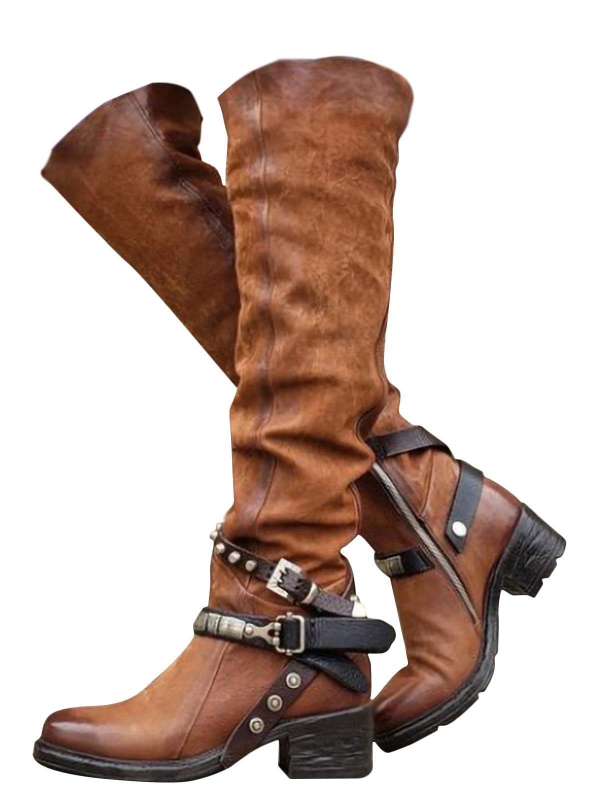 Minetom Damen Hohe Stiefel Winter Schuhe mit Absatz Kunstleder Schnalle Langschaft Overknee Stiefel Kniehohe High Heels Lang Boots