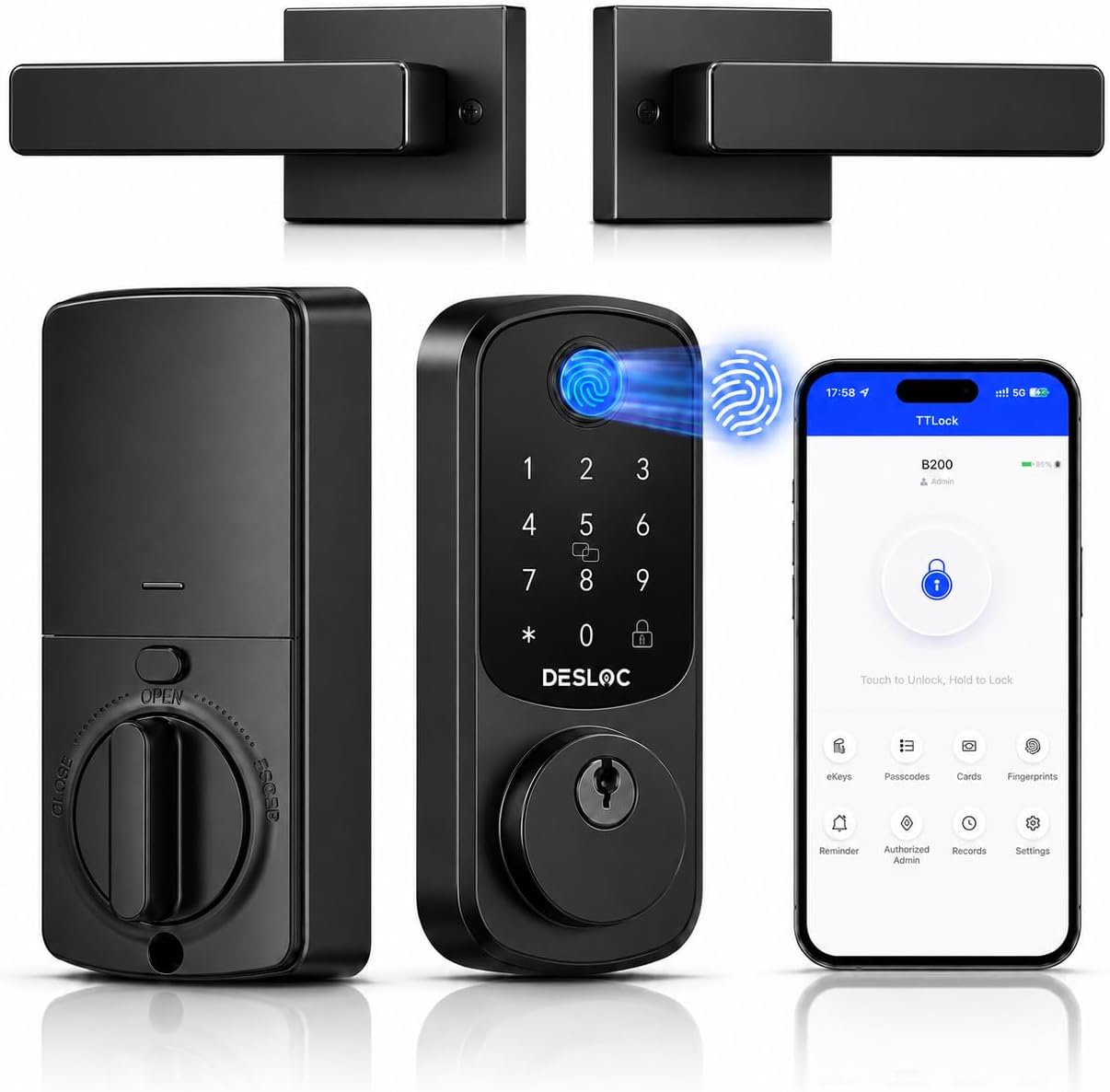 DESLOC B200 Fingerprint Smart Lock with 2 Lever Handles Set,Front Door Lock