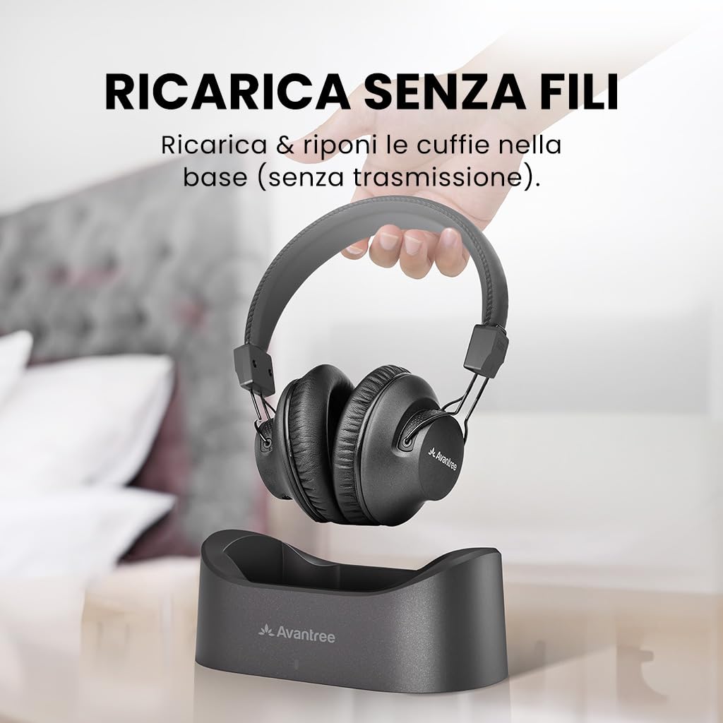 Avantree Audition 3 - Cuffie Over-Ear Bluetooth 5.3 Con Wireless Base Ricaricabile, compatibili con Smart Samsung TV, Modalità Voce Chiara, Volumi Potenziati E Supporto aptX-Adaptive & HD