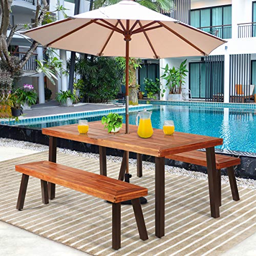Giantex Patio Dining Table Set With 2 Benches, Outdoor Picnic Table Set With Umbrella Hole, Acacia Wood Patio Seating And Rectangular Table For Backyard, Garden, Lawn (Rustic Brown) #TOP1