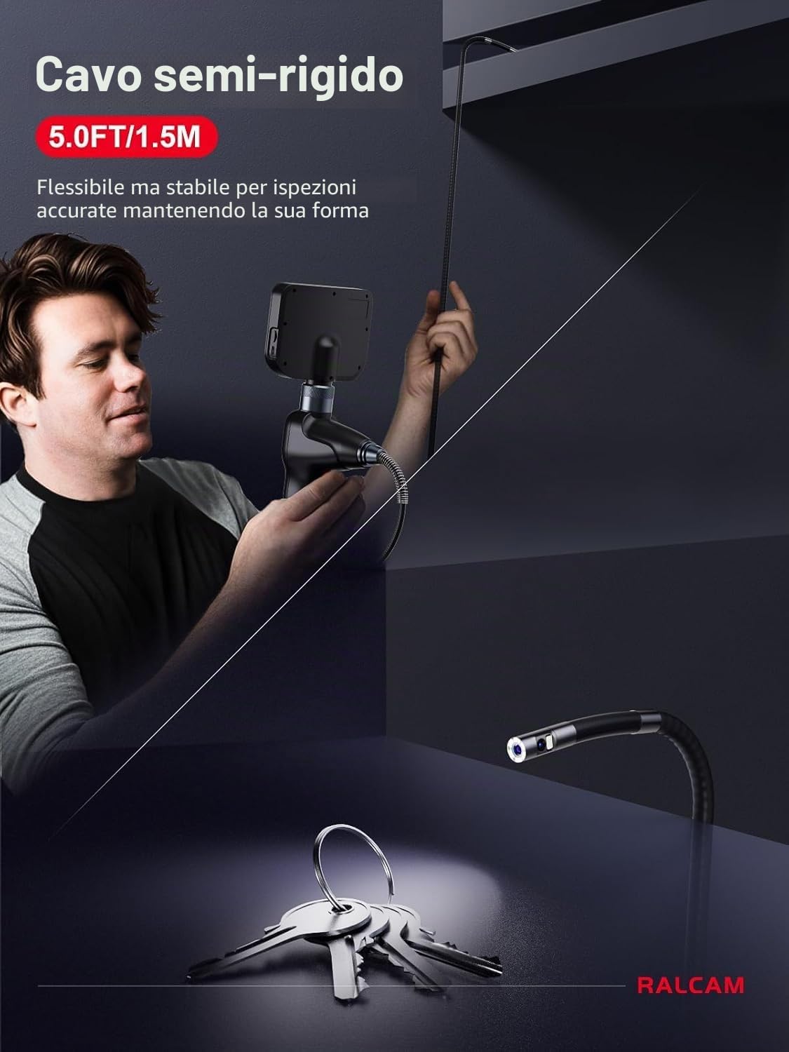 Ralcam Telecamera Endoscopica 360° a Doppio Obiettivo, Schermo HD da 5", Sonda da 6,5 mm, Impermeabile IP67, con 6+1 LED e Cavo Semirigido da 1,5 m per Ispezione di Tubi e Motori