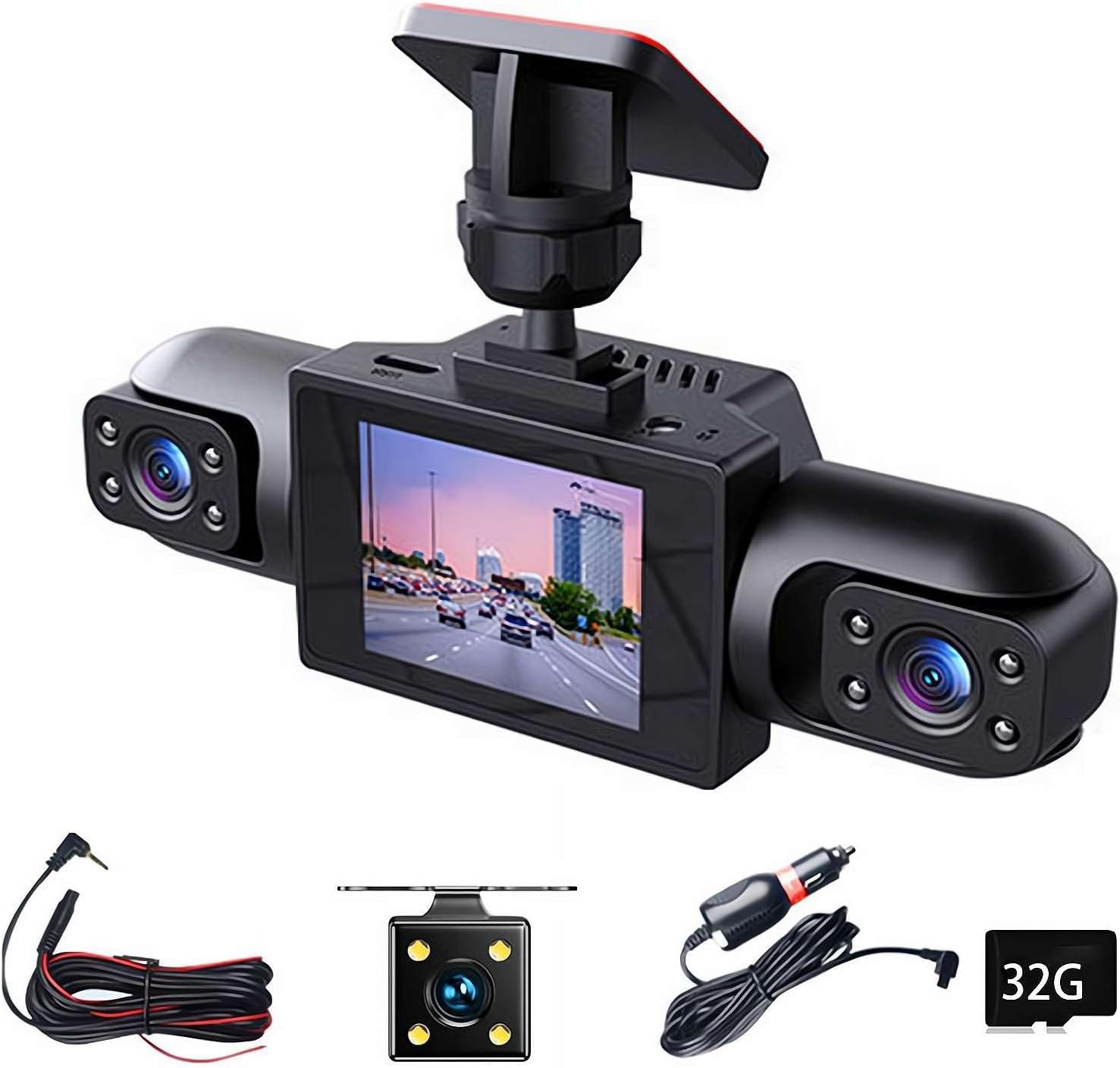 Full View Car Dashcam System Wireless,360° 4CH Dash Cam, 1080p HD Car Camera Wireless with Adjustable Lenses, Night Vision, Loop Recording, 24h Parking Monitor with 32gb Card